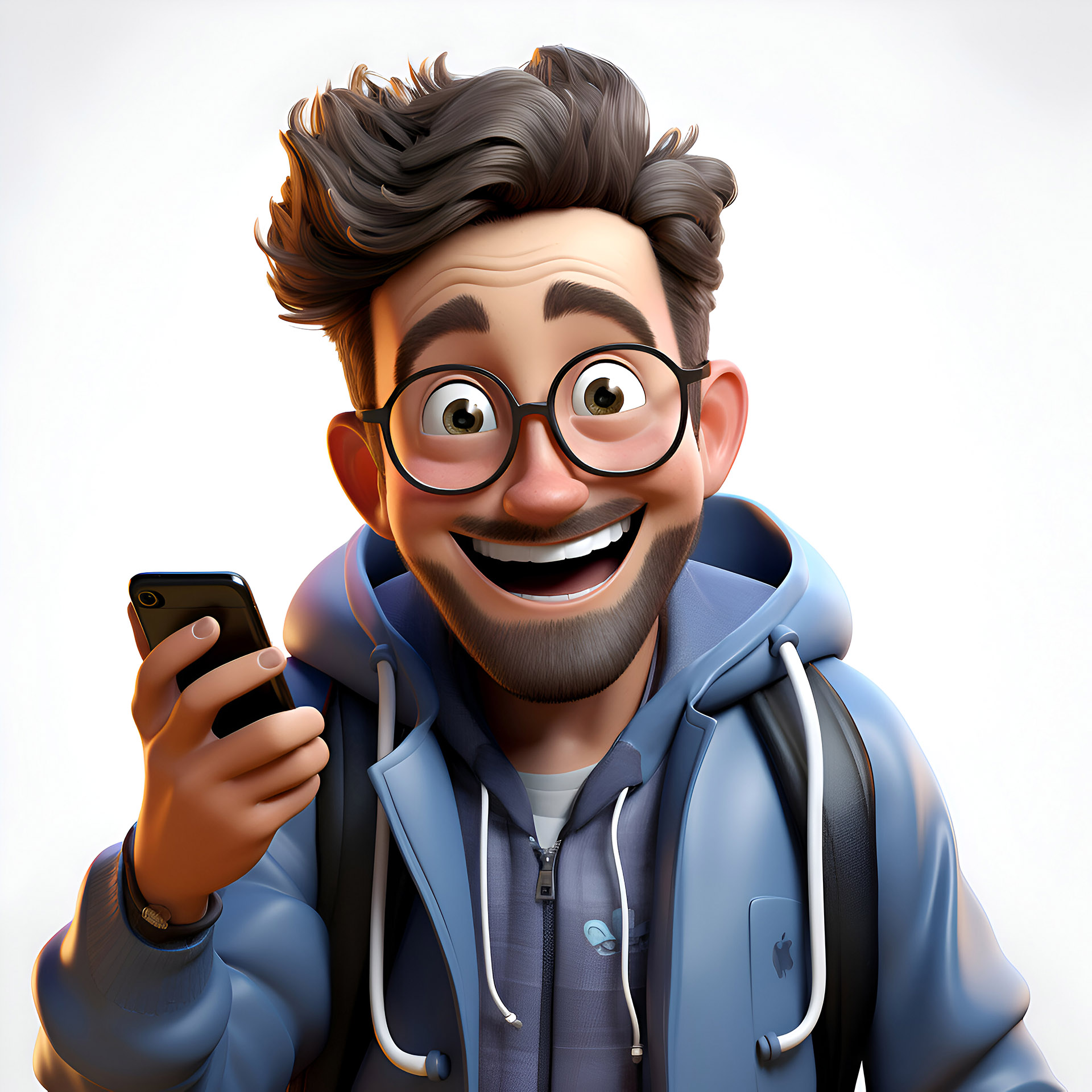 3D illustration of a funny cartoon man with a mobile phone.