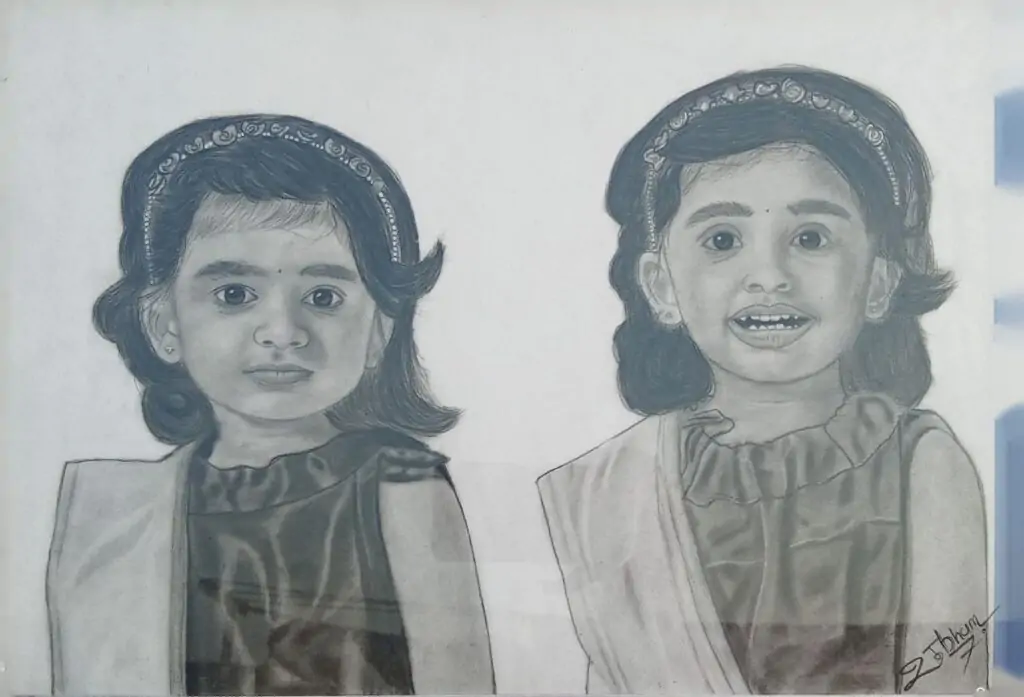 Handmade Scratch Art of Twin Sisters – Framed Personalized Twin Portrait Gift