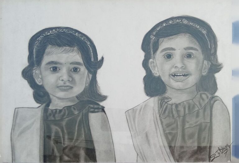 Handmade Scratch Art of Twin Sisters – Framed Personalized Twin Portrait Gift