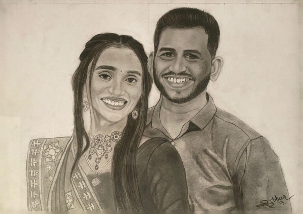 Handmade Sketch Art of Husband and Wife – Personalized Couple Portrait Frame