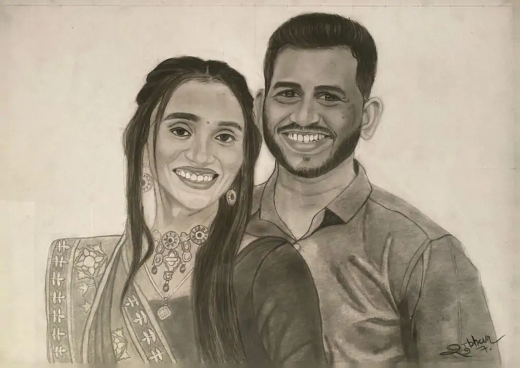 Handmade Sketch Art of Husband and Wife – Personalized Couple Portrait Frame