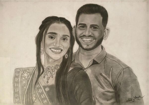 Handmade Sketch Art of Husband and Wife – Personalized Couple Portrait Frame