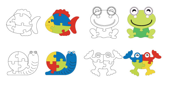 Sea Animal Puzzle Vector Pack – Fish, Frog, Snail, Crab - Editable CNC & Printable Design