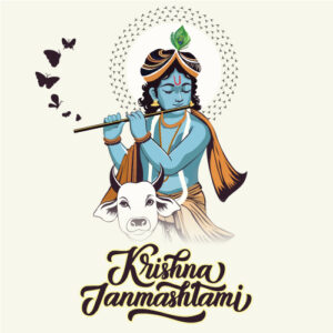 Elegant Krishna Janmashtami Vector Art – Lord Krishna with Flute & Cow