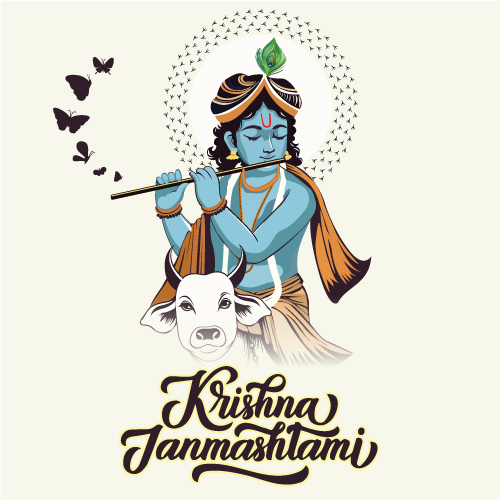 Elegant Krishna Janmashtami Vector Art – Lord Krishna with Flute & Cow